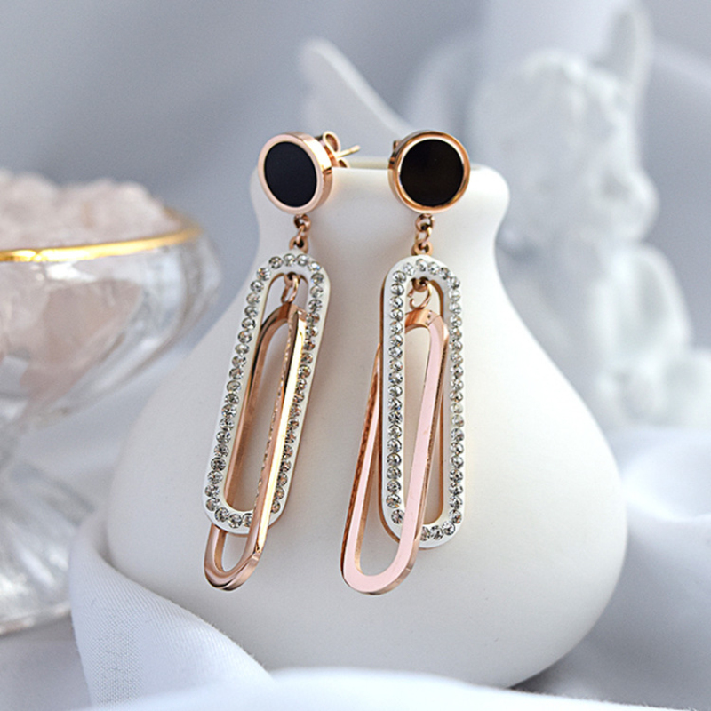 

Luxury Design Women Gift Paperclip Dangle Charm Earring Rose Gold Plated Stainless Steel Earrings