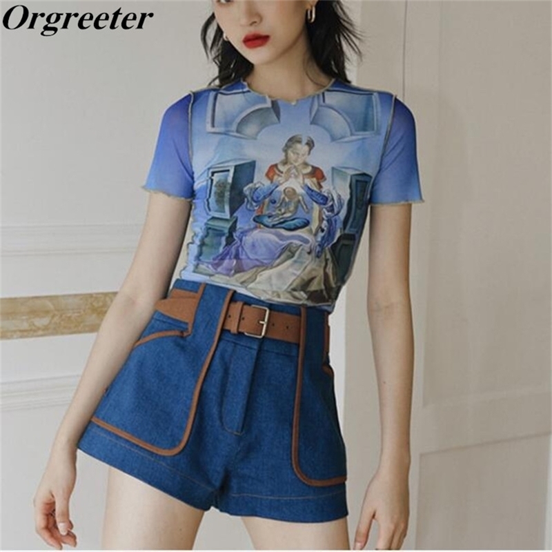 

Chic Design Avatar printing Stretch Mesh Tshirt and High-waisted Rivet Denim Shorts Suit Female Summer Short Jeans 2 Piece sets 210602, Only tshirt