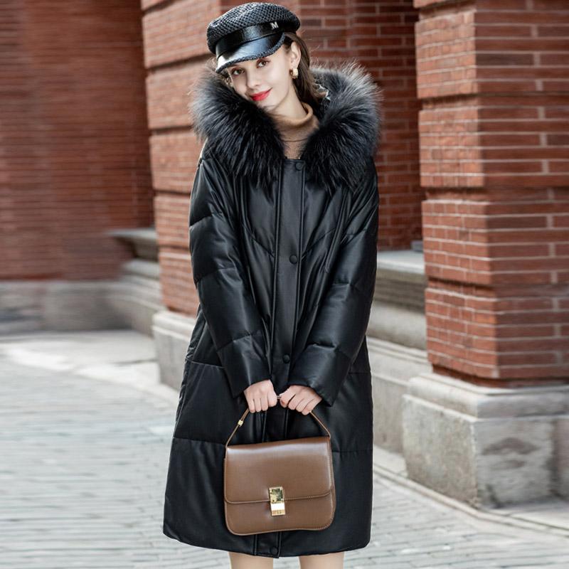 

Women's Leather & Faux 2021 Fashion Winter Down Jacket Long Warm Hooded Coats Real Sheepskin Coat Korean Clothes Chaquetas WPY4678, Black