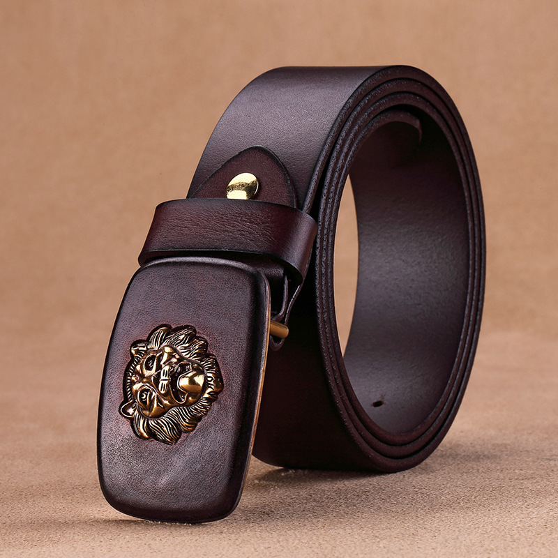 

3.8cm width leather wrap lion wtern style belt buckle leather belts for men, Black