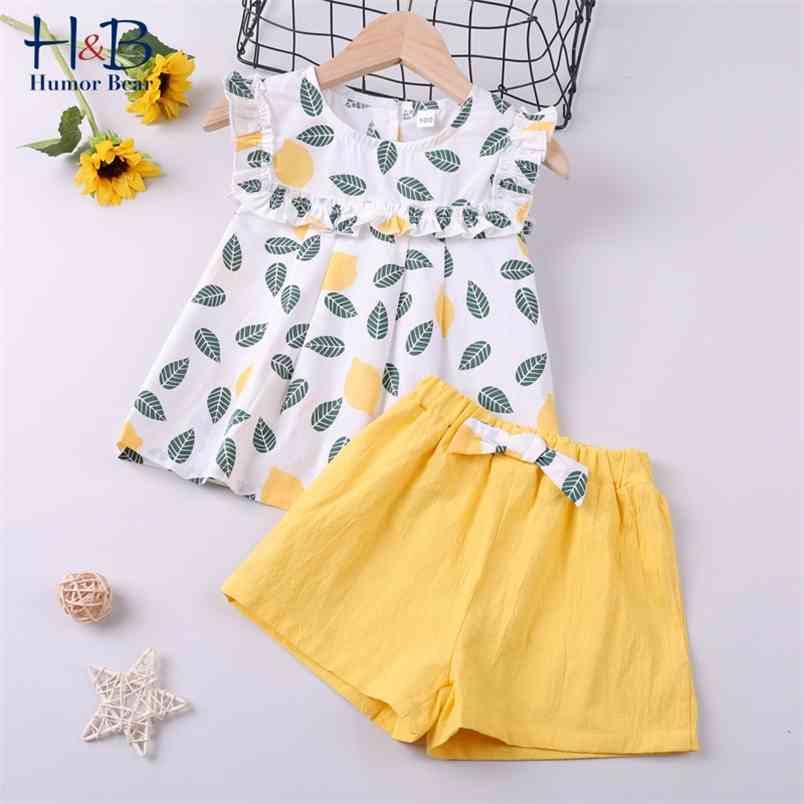 

Girls Clothes Sets Summer Sleeveleeve Leaf Printed Top Letter Shirt+Solid Color Short 2Pcs Toddler Kids C 210611, Bz2196 yellow