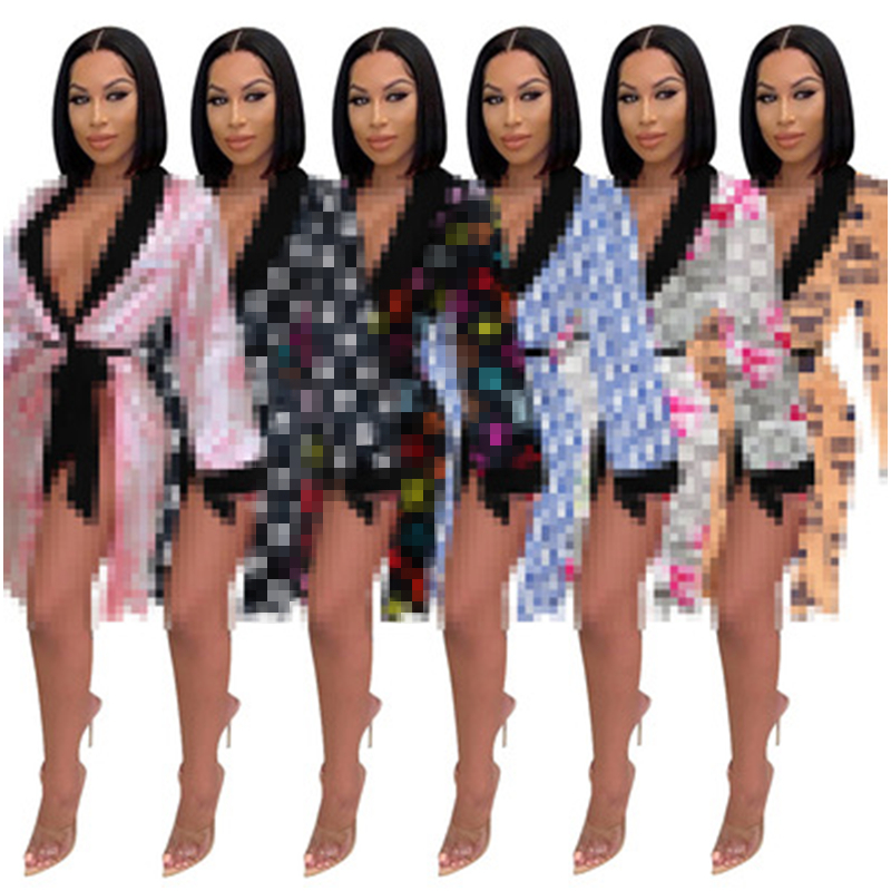 

Women Sleepwear Fashion Trend Comfort Sexy Print Lacing Medium Length Cardigan Nightgown Home Pajamas Bath Robes Dress Lady, J241-gray-dollar