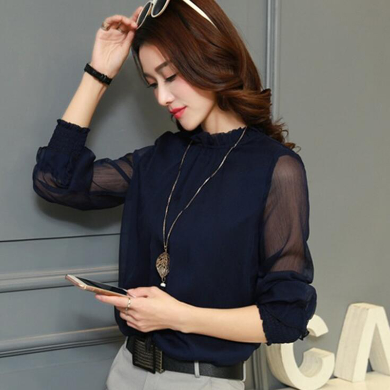 

Chiffon Blouse Women Tops Long Sleeve Stand Neck Work Wear Shirts Elegant Lady Blouses Casual Solid Color Blusas 210518, White