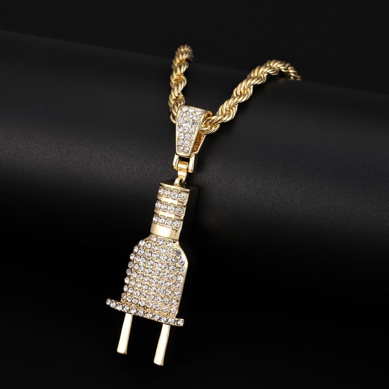 

Chains Bling Plug Pendant Necklace For Men Women Charm Micro Pave Full Rhinestone 2021 Hip Hop, Silver