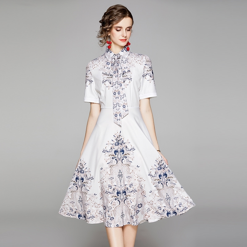 

Banulin Fashion Runway Designer Summer Floral Dress Women's Short Sleeve Vintage Print Belt Midi Female Vestidos 210603, The picture color