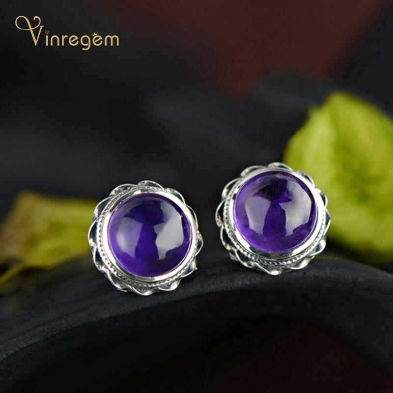 

Stud Vinregem 100% 925 Sterling Silver Round Amethyst Gemstone Wedding Party Vintage Studs Earrings For Women Fine Jewelry Gifts, Golden;silver