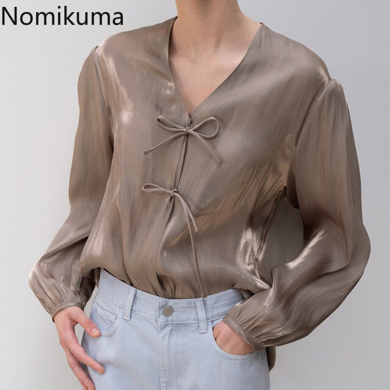 Nomikuma Spring Women Blouses Korean Bow Tie Sweet Shirt Causal Long Sleeve V-neck Pullover Tops Femme Blusas 6E359 210427