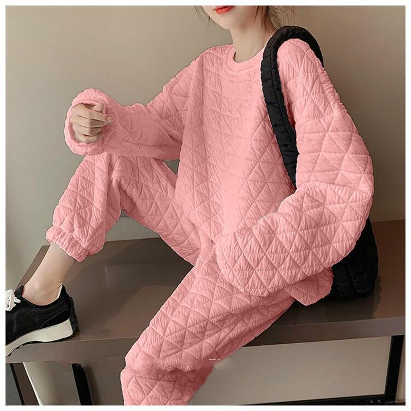 

Women's Two Piece Pants Warm O-neck Cotton Padded Tops Outfits Streetwear Jogging Fall Winter Candy Color 2 Sets Women Oversized Tracksuits, White