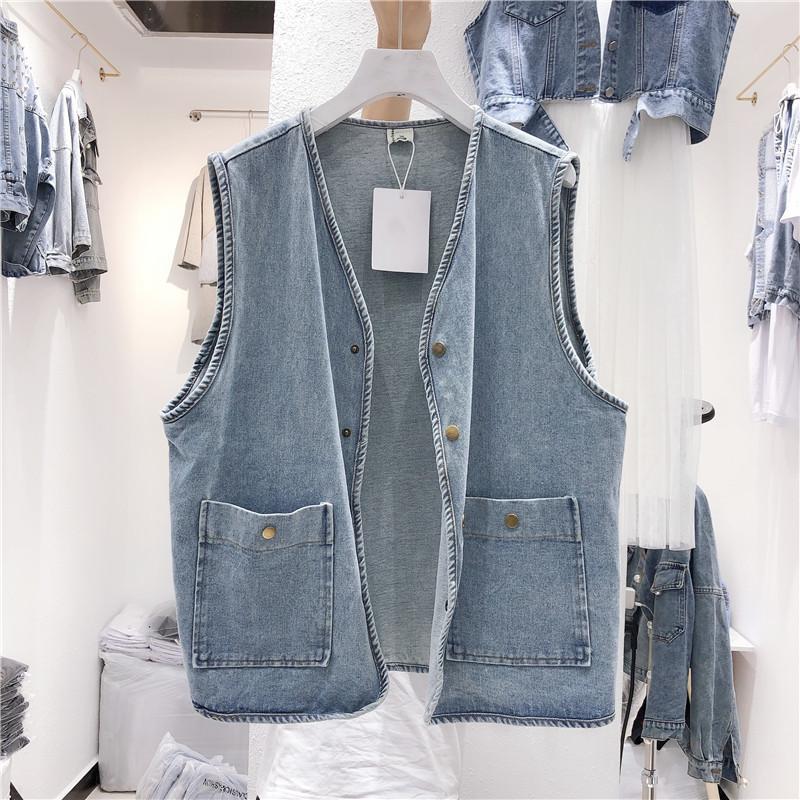 

Women's Vests 2021 Spring Autumn Vintage Washed Denim V-neck Pockets Covered Button Women Korean Loose Plus Size Jean Waistcoat A491, As picture
