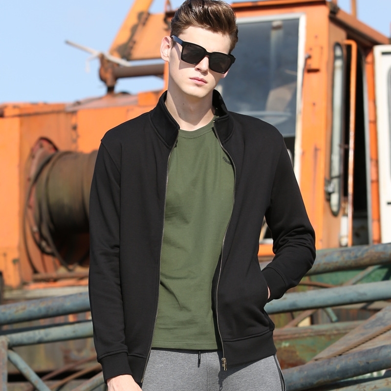 

Men's coat spring jacket men's hoodless Cotton autumn winter cardigan pilot leisure coach sports stand collar, Military coffee (plush and thickened)
