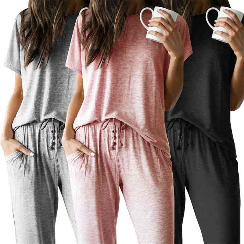 

Casual 2 Piece Sets Women O Neck Short Sleeve Slim Tshirt+Elastic High Waist Button Drawstring Pencil Pants Female Sport Outfits 210526, Pink