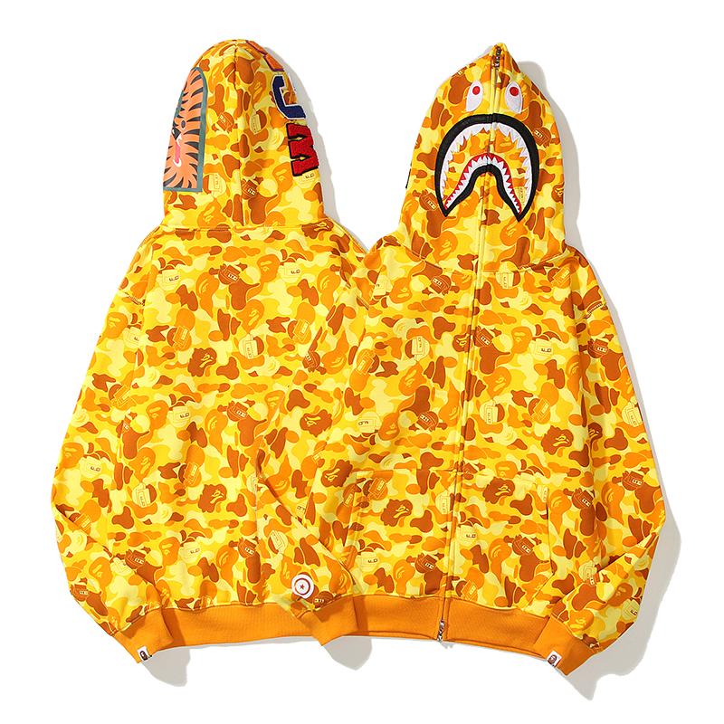 

New Fashion mens shark hoodies Embroidery Teenager yellow Cam MA1 Flight Male Tide Shark Hoodie Hip hop Men 's Couples Hooded Jackets, Black;brown