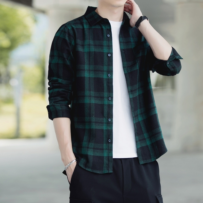 

Plaid Shirt Men's long sleeve leisure trend spring and autumn inch shirt men's coat frosted contrast color, White;black