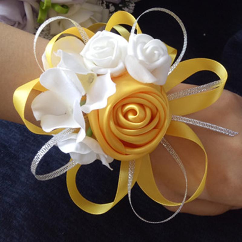 

Pces/lot Wedding Wrist Corsage High Quality Bride Bridesmaids Hand Flowers Yellow Orange Decorative & Wreaths