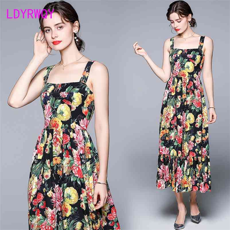 

LDYRWQY Temperament Slim Sling Print Fashion Sexy Square Neck Dress Polyester Office Lady 210603, Photo color
