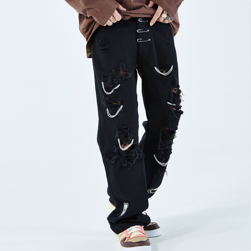 

jeans wind skeleton embroidery pierced men's ins high street fashion brand chain decoration loose straight pants, Blue