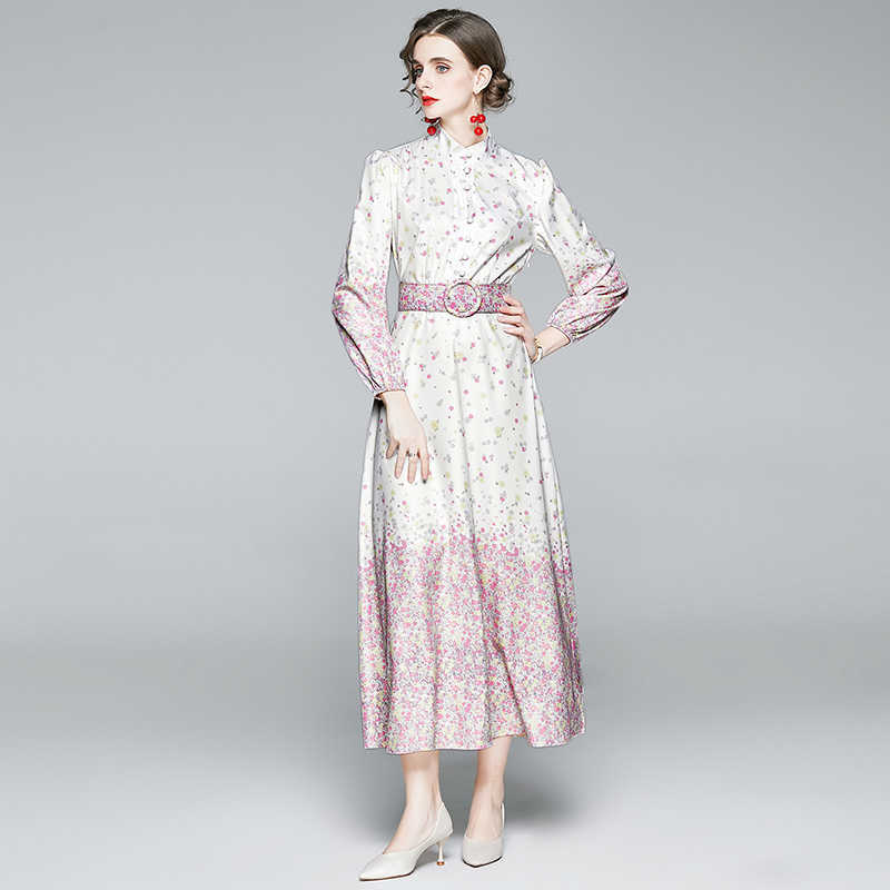 

Autumn Vintage Women Stand Neck Long Sleeve Floral Print Party Dress Ladies Casual A-Line Beach Maxi Shirt Dresses Vestidos 210525, Picture color