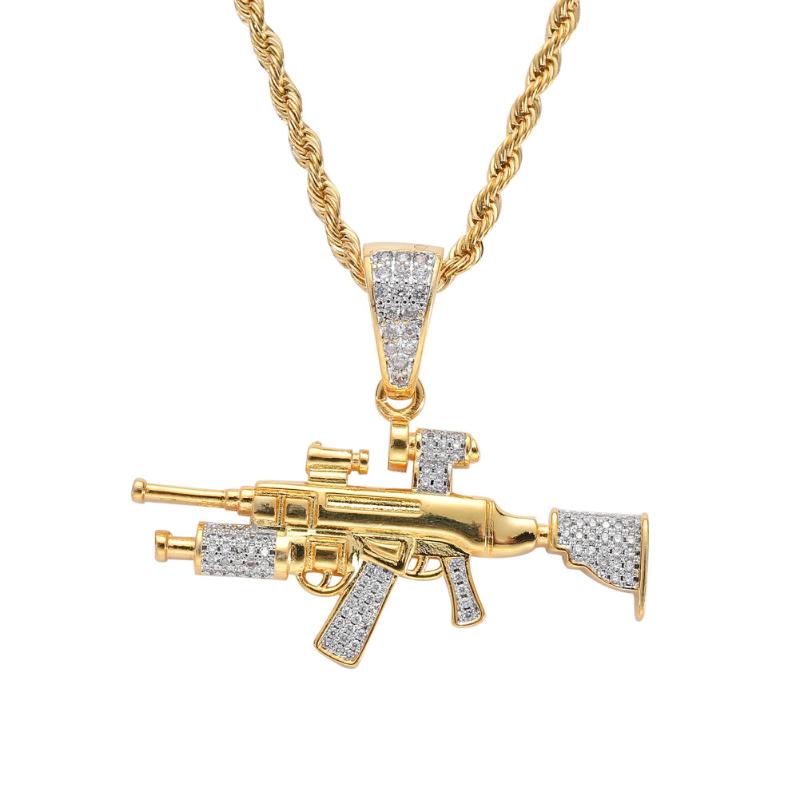 Pendant Necklaces Hip Hop Jewelry High Quality Iced Out Chain 18K Gold Plated Bling CZ Simulated Diamond Hip-hop Sniper Rifle Necklace-image-708514413