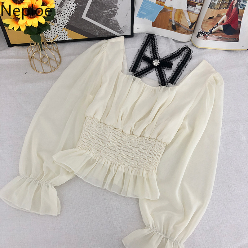 Neploe Women Blousess Square Collar Long Sleeve Shirts Slim Waist Ruffles Chiffon Short Blouse Tops Blusas Mujer De Moda 210422
