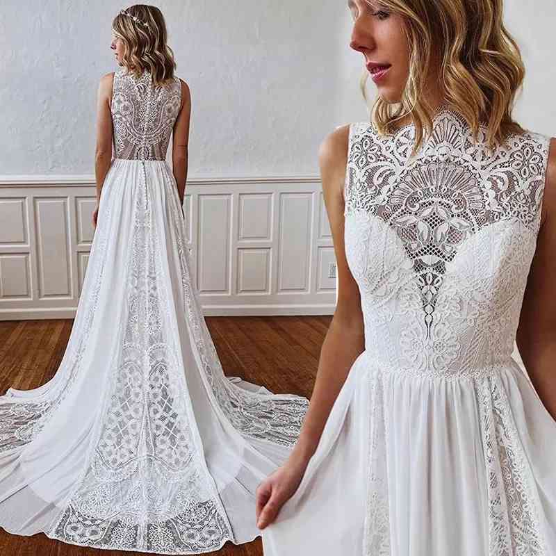 

Elegant Bohemia Chiffon Wedding Dress 2021 Lace Beach Boho Bridal Gowns Unique Vestido De Noiva Bride Dresses For Women Party, Ivory
