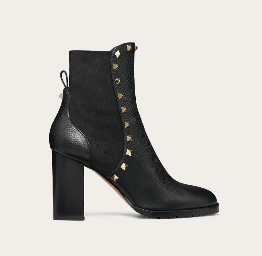 

Elegant Winter Women's Rock Stud Ankle Boots Chunky Heels Grainy Calfskin Leather Ladies Martin Booties Cowbay Rivet Booty EU35-43,With Box, Black