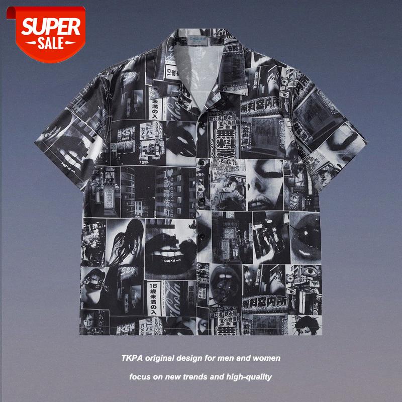 

TKPA American Street Hip Hop Full Print Short Sleeve Shirt Men's Loose Couple #h41u, White;black