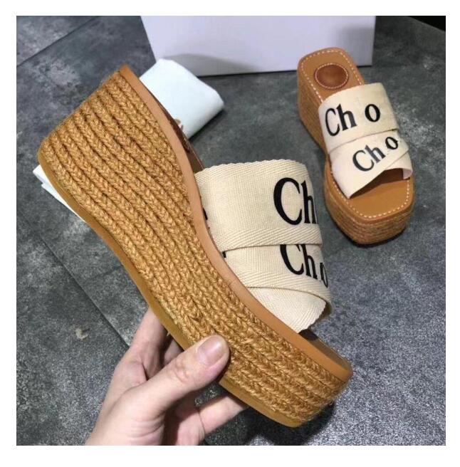 

2021 Women Platform Canvas Leather Slippers Sandals Thick Bottom Wedges Letter Classic Designers Slides Flip Flops Sliders Ladies Slipper size 35-41 with box, White