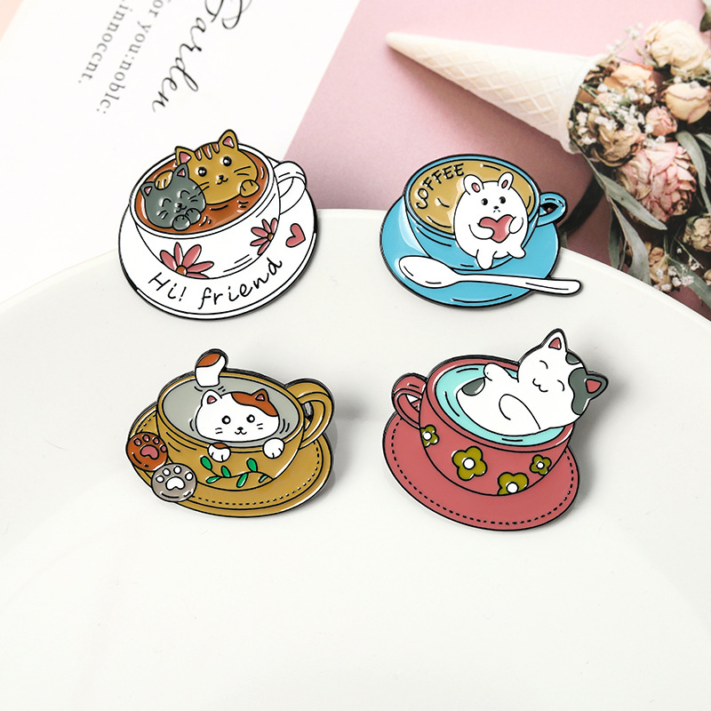 

Cup Cat Enamel Pin Cute Cats Coffee Brooch Bag Clothes Lapel Pins Kitten Cafe Badge Animal Jewelry Gift For Kids Friends