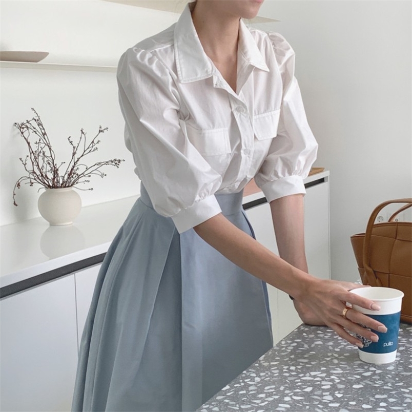 

Fashion 2 Piece Set Summer Women Elegant Office OL White Lapel Puff Sleeve Shirts Top + High Waist Big Swing Long Skirt 210519, Photo color