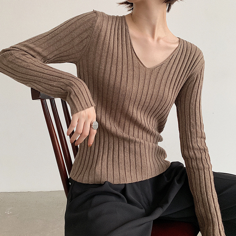 

Women's Knits & Tees V Neck Slim Long Sleeve Wool Women Knitwear Solid Color Basic Woman Sweaters Autumn Winter Fashion Tops 3KLD, White
