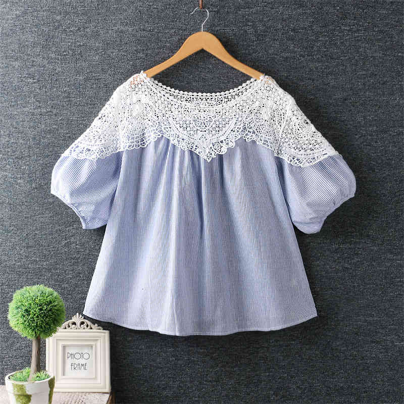 

Women's T-Shirt Lamtrip Hook Lace Patchwork Striped Sleeve Loose Doll Shirt Kawaii 2021 Summer JO7M, White