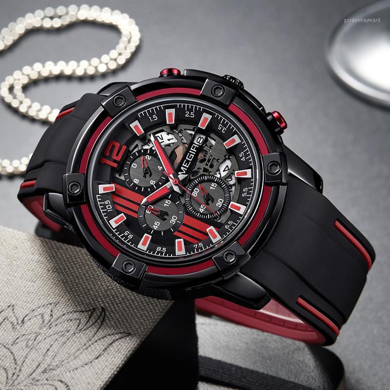 

Wristwatches Megir Men's Black With Red Silicone Strap Quartz Watches Chronograph Sports Wristwatch For Man 3atm Waterproof Watch, Yellow