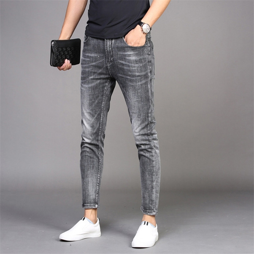 

Wholesale Denim jeans men's trendy brand Slim feet casual long pants Korean style summer thin smoke gray pencil 211108, Dark grey