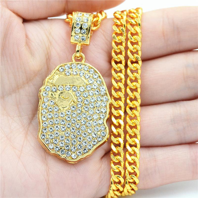 

Pendant Necklaces Twist Chain Ape Head Square Shining Zircon Necklace Hip Hop Fashion Women Men Gold Color Alloy Jewelry, Silver