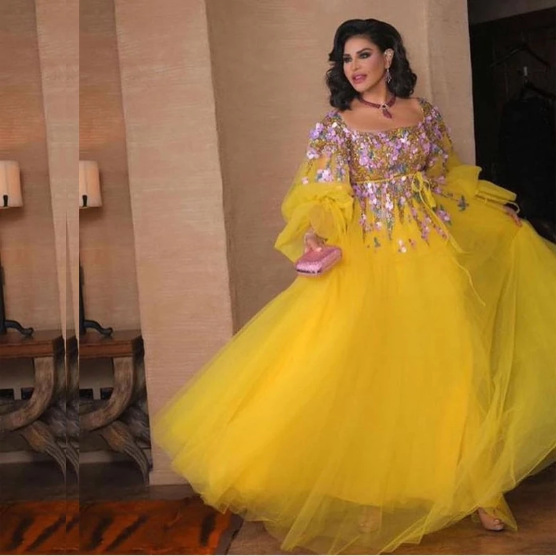 2022 Chic Yellow Square Collar Prom Dresses Lace Appliques Purple Flower Pregnant Evening Party Gown With Long Sleeve