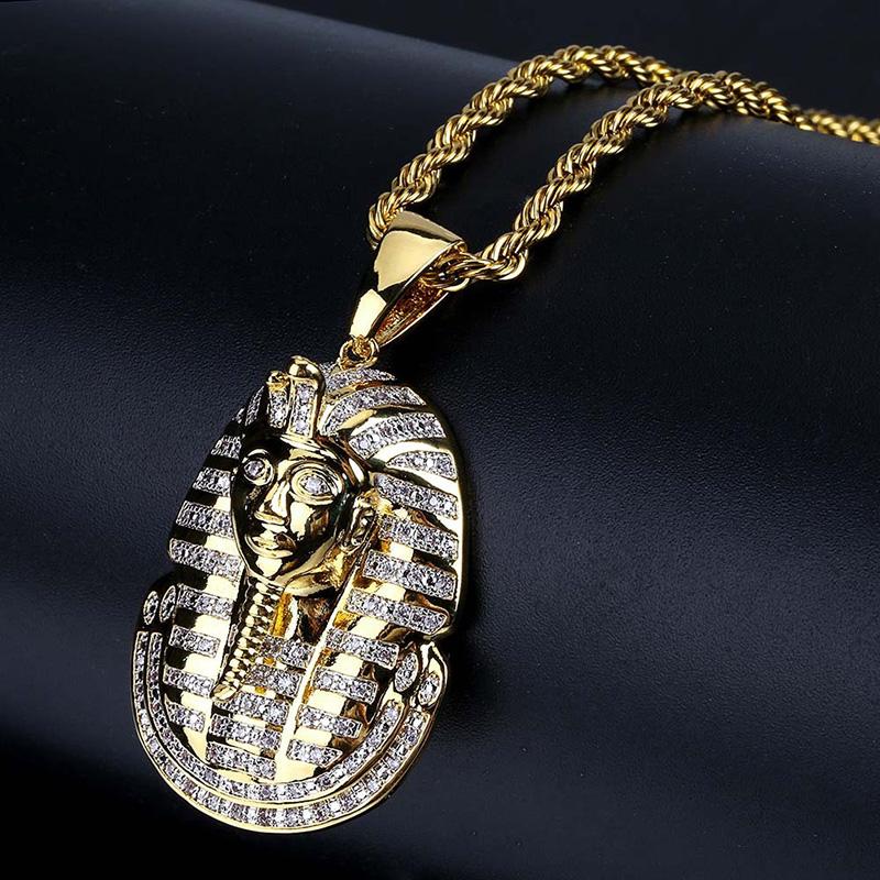 Pendant Necklaces Hip Hop Micro Paved + Cubic Zirconia Iced Out Bling Egyptian Pharaoh Tutankhamun Pendants Necklace For Men Rapper Jewel-image-708543392