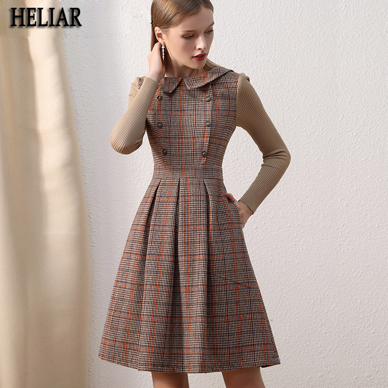 

Winter Vintage Wool Thick Buttoned Up Dress With Pocket Slim Elegant Woolen es Splice Knitting Sleeve 210518, Brown