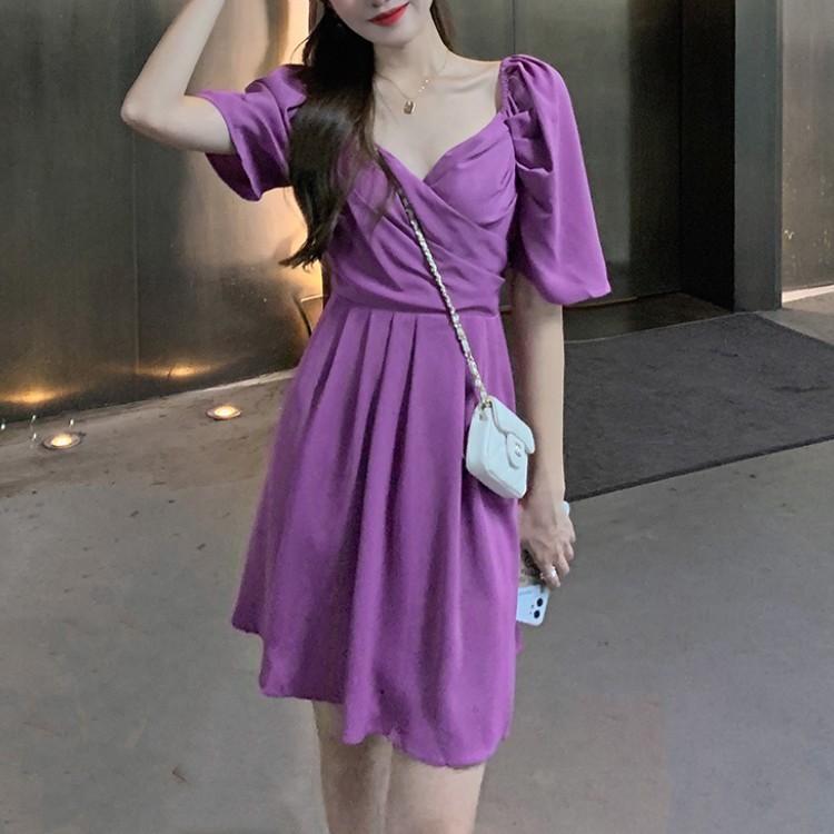 

Vintage Puff Sleeve Solid Color Women Dress Summer V-Neck Slim Waist A-line Female Dress Vestidos Femme 210518, Photo color