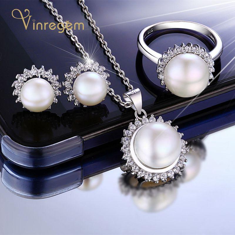 

Bracelet, Earrings & Necklace Vinregem Vintage 925 Sterling Silver Pearl Wedding Engagement Rings/Earrings/Pendant/Necklace Fine Jewelry Set, Black