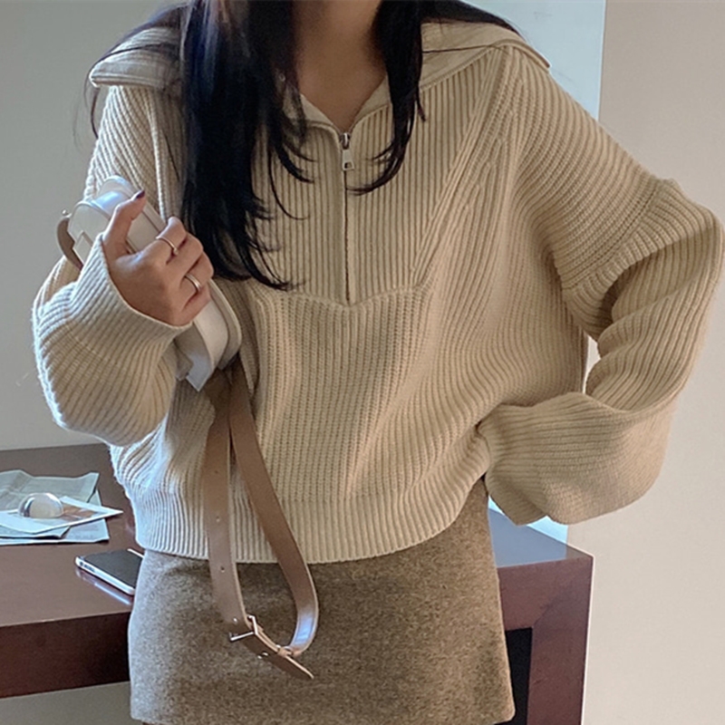 

Winter Solid Zipper Women Turtleneck Knitted Sweater Sweet Long Sleeve Loose Ladies Korean Casual Pullovers Sueter Tops Female, Hei
