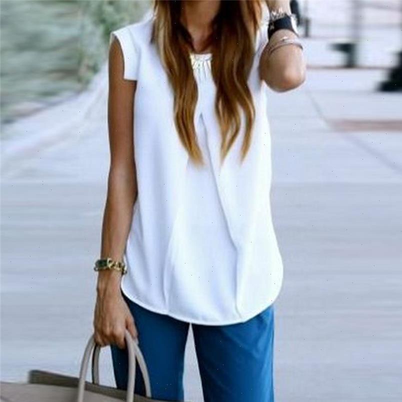 

Women Blouses Summer Chiffon Blouse Womens Sleeveless Wrinkle O Neck Casual Solid Fashion Vest Blusas Loose Tops Shirts, White