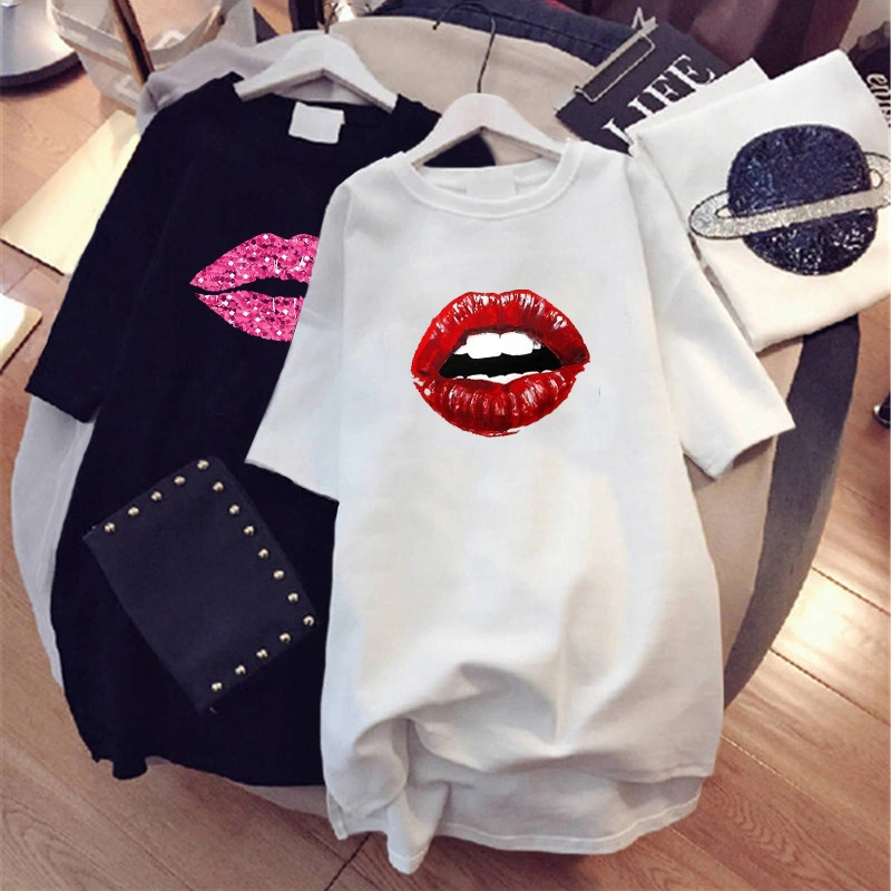 

PROPCM Sexy Lips Print Harajuku Dress Plus Size Summer Designer Short Sleeve Oversize Long Tshirt Casual Loose Women's Sundress Elegant, D001 black