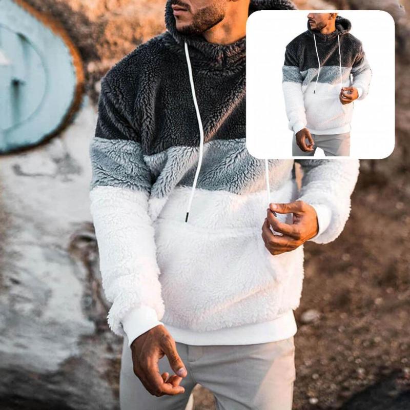

Men's Sweaters Autumn Winter Classic Front Pocket Hooded Pullover Hoodie Clothes Fluffy Sweatshirt Double Sided Plush For Outdoor, White