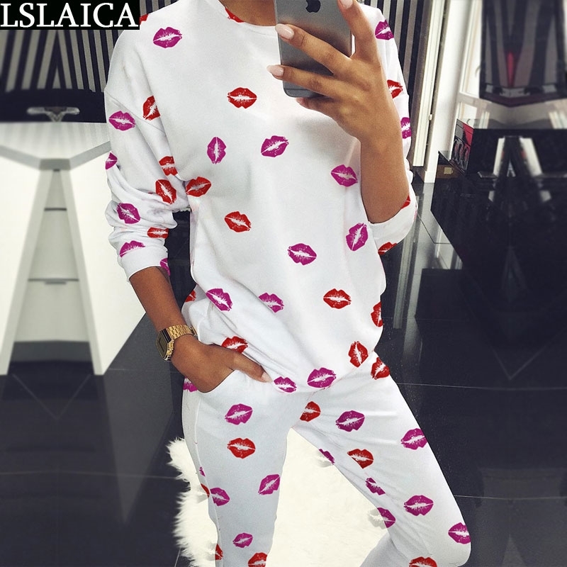 

Women sets clothes long sleeve round neck tops&long pants lips print casual women pullover elegant sport 2 piece 210520, White