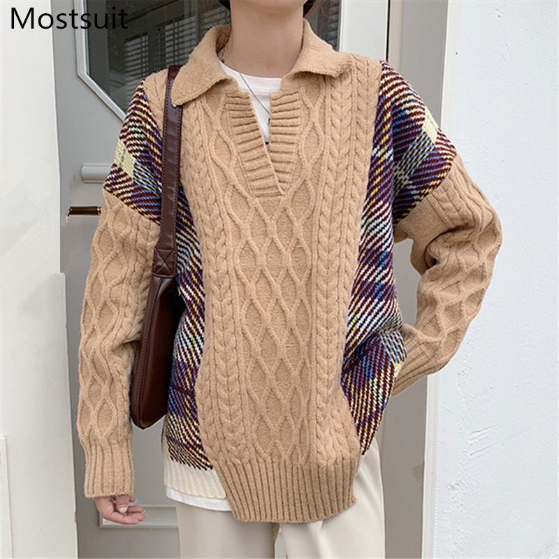 

Korean Vintage Twisted Knitted Pullover Sweater Women Color-blocked Turn-down Collar Jumpers Fashion Loose Female Warm Tops 210518, Navy