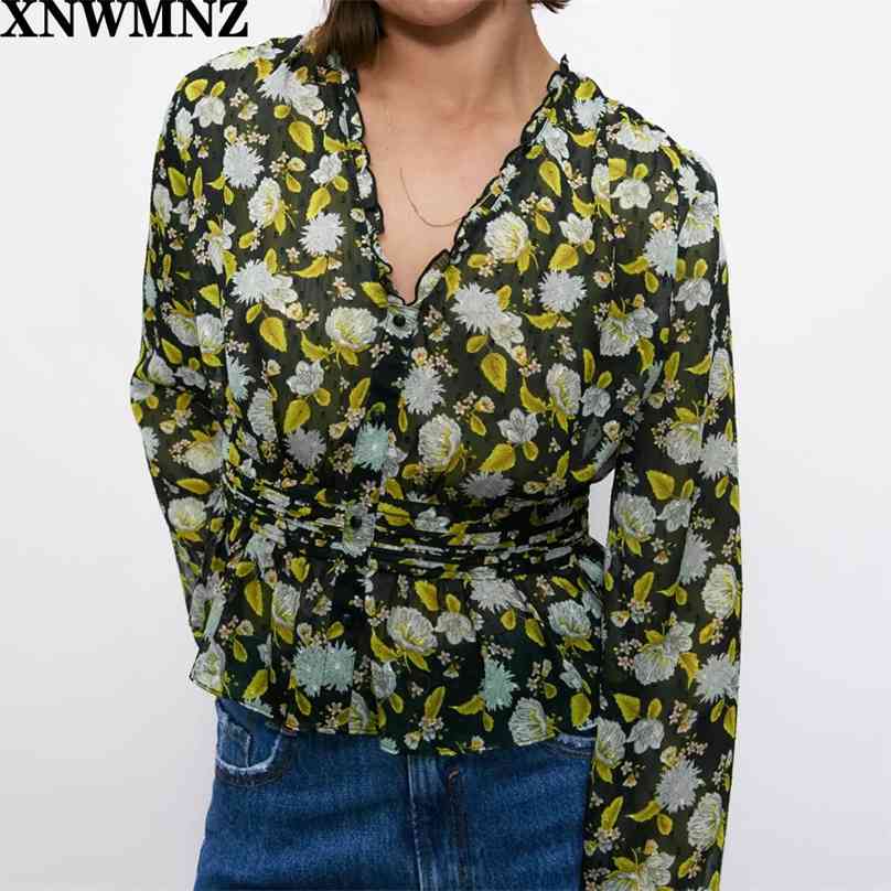 

women Fashion printed plumetis blouse Vintage V-neck long sleeve Elastic waist with pleats Flared hem Female chic top 210520, Multi