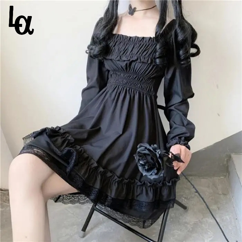 

Plus Size High Waist Gothic Dress Puff Sleeve Lace Ruffles Party es Japanese Lolita Women Princess Black Mini 210519, Long sleeve