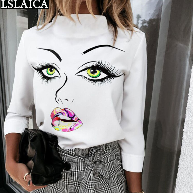 

Plus Size Blouse Women Long Sleeve White Print Fashion Top for Casual Autumn Shirt and Office Roupas Femininas 210520, Red