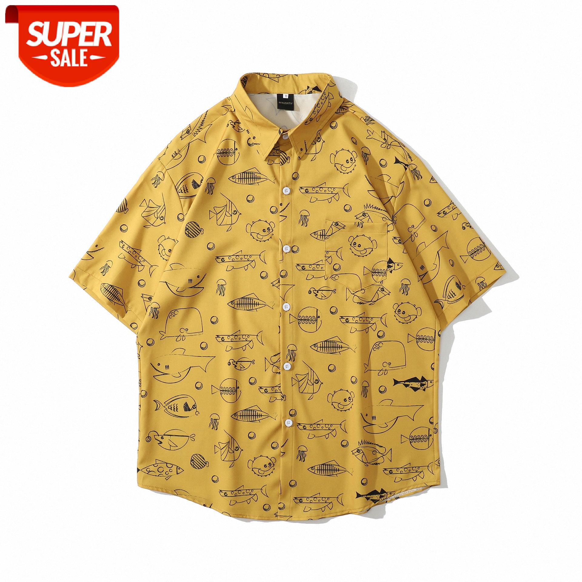 

Hong Kong style printed men's short-sleeved shirt retro loose Weiyi beach couple casual #hd5Q, White;black