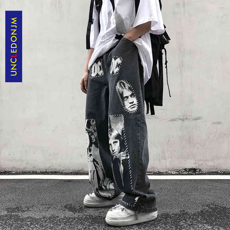 

UNCLEDONJM High Street Patchwork Printed Jeans Ins Hip Hop Wide Leg Pants Men hip hop jeans men 8009, Gray